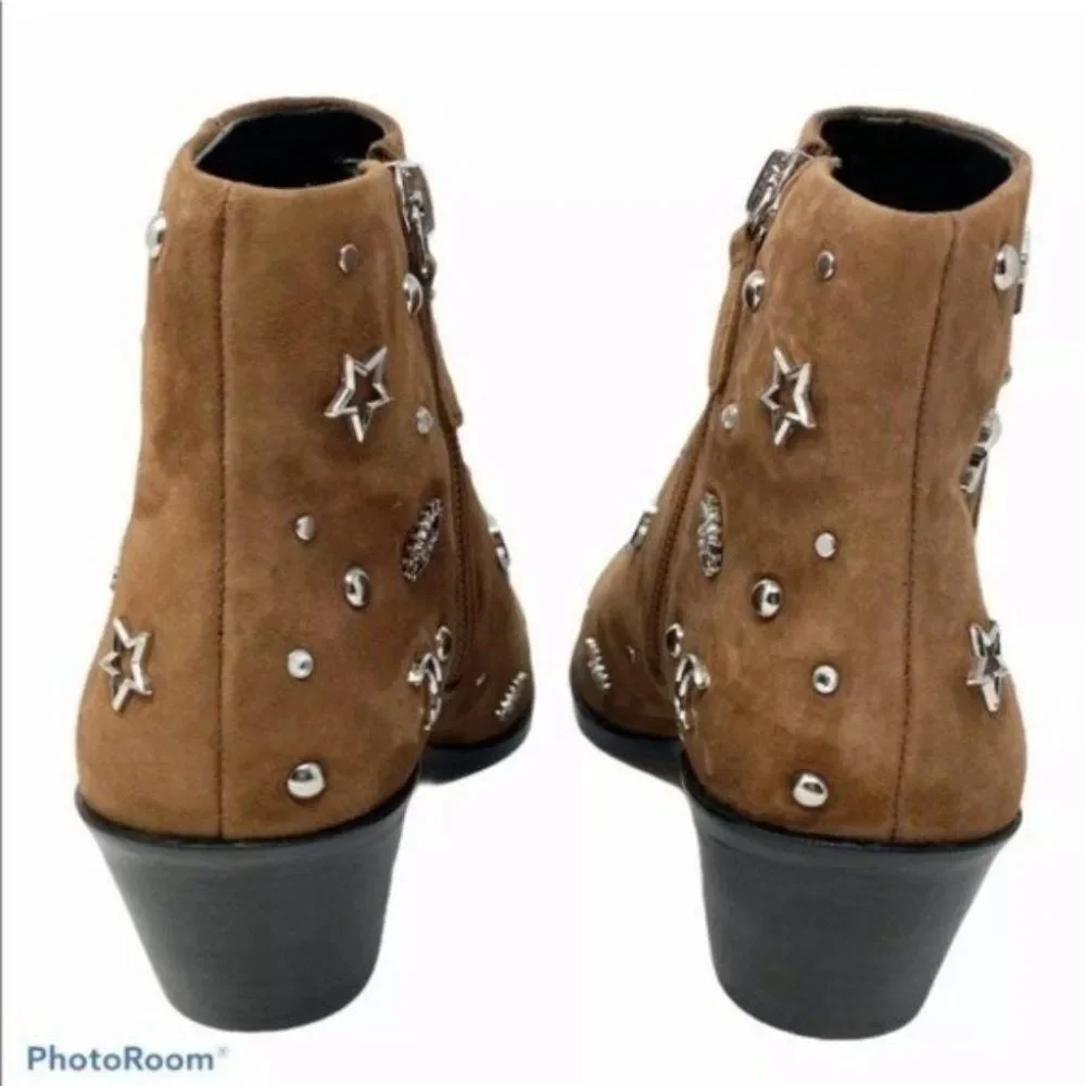 Rebecca Minkoff Booties WMNS 5.5 Brown Suede Studded Celestial Lizzie Stars Moon